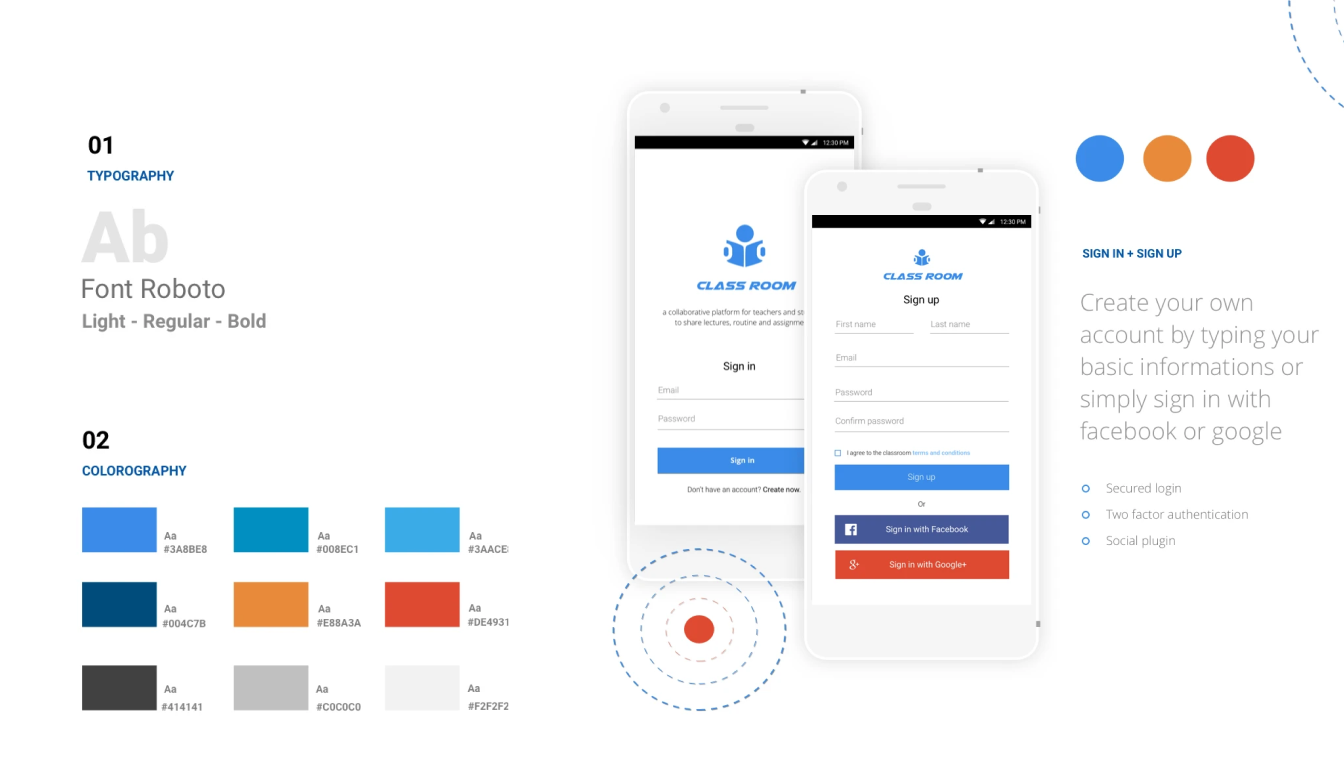 Classroom mobile app sign-in screens and visual identity