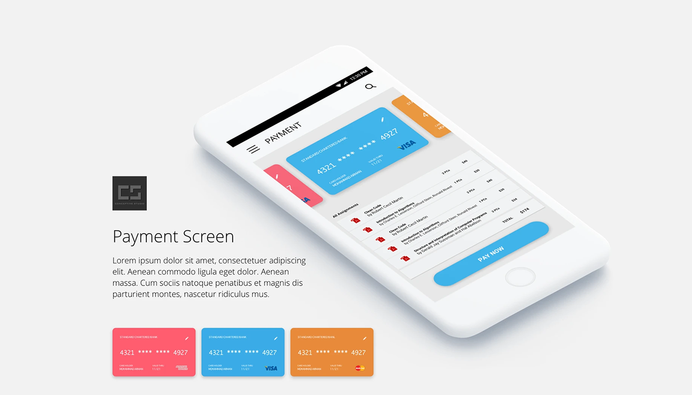 Mobile payment screen and bank card interface concept
