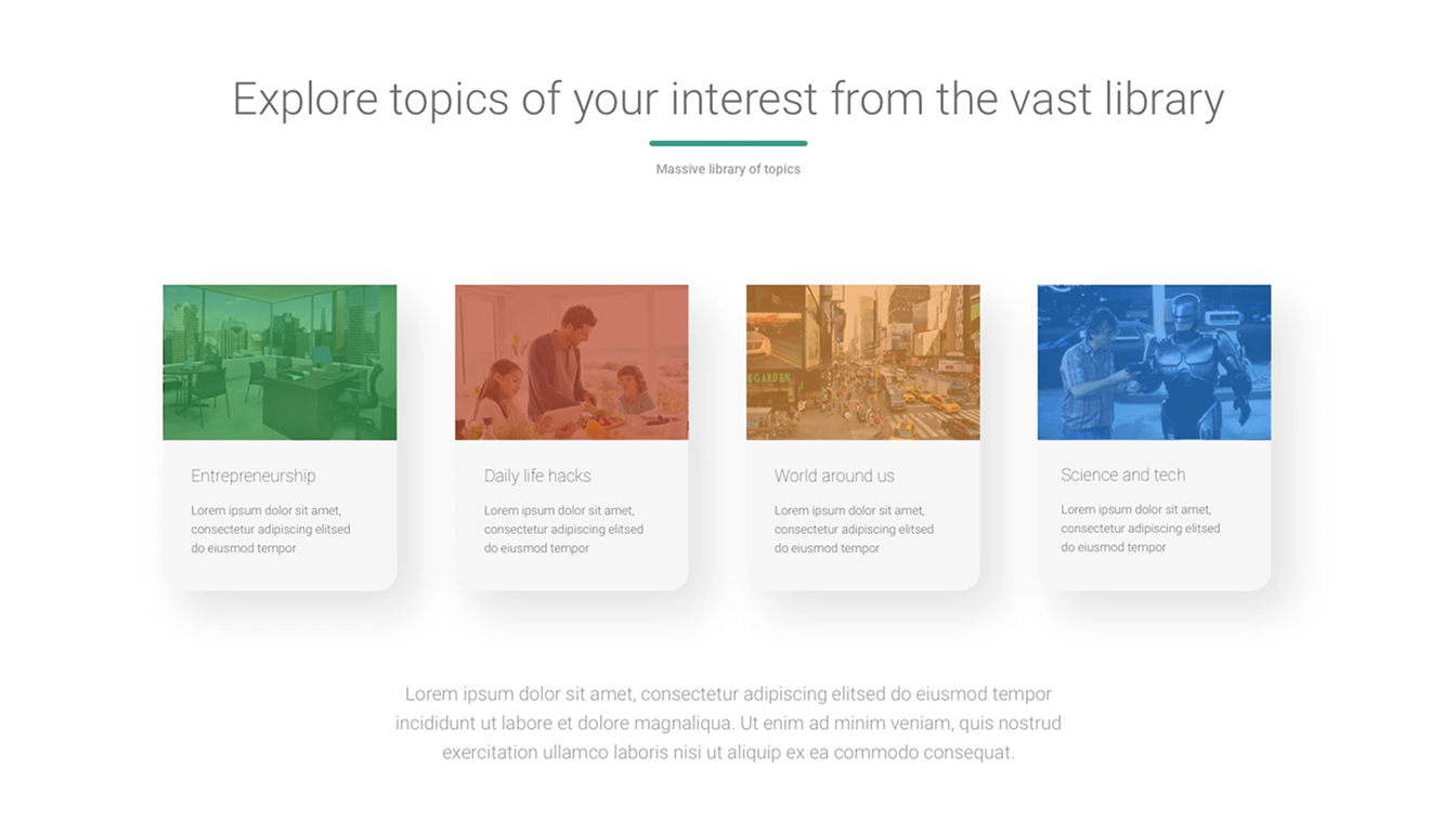 Colorful topic library cards for entrepreneurship, lifestyle, travel and technology